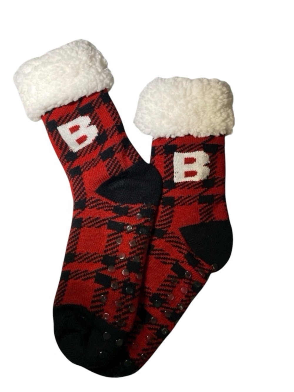 New Red & Black Plaid Socks with White Cuffs featuring the letter “B”. NWOT
